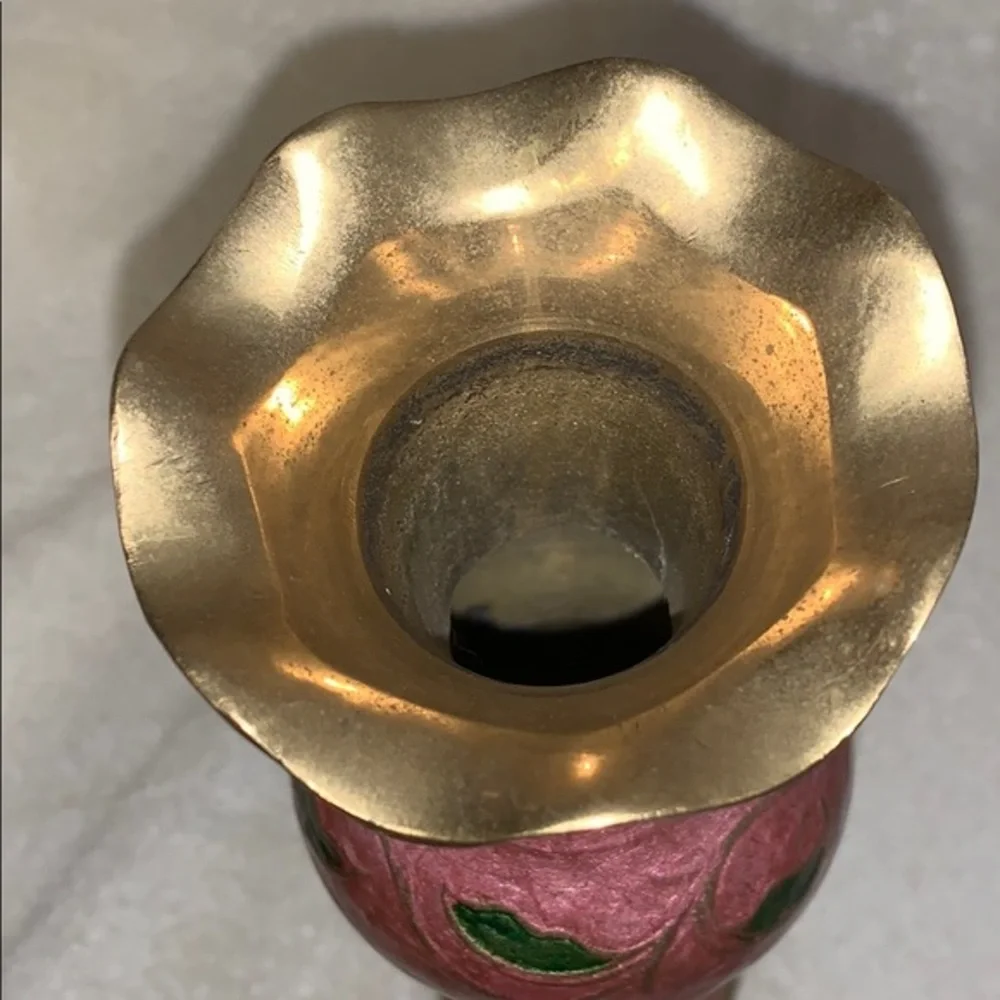 Bronze Pink Green Red Painted Flower Design Vase 11.50’ High